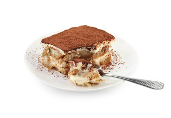 Piece of tasty tiramisu isolated on white