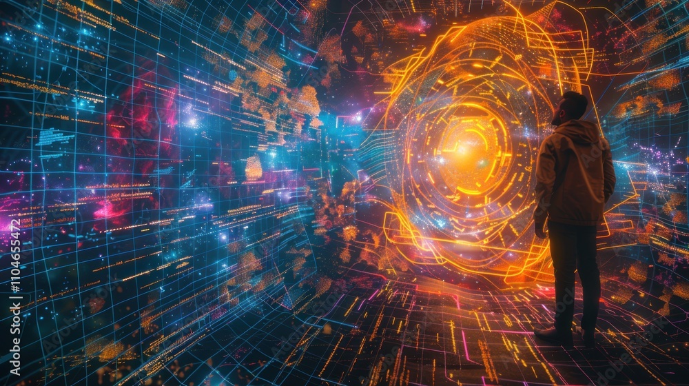 Poster man gazing at vibrant digital portal, futuristic data streams.