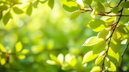 Obraz premium Sunlight Illuminates Vibrant Green Leaves on a Branch, Creating a Peaceful and Serene Nature Scene