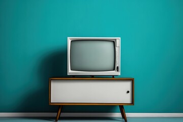 Vintage monochrome television set placed on a retro-style cabinet against a bright turquoise wall...