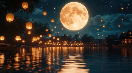 Naklejka premium Lanterns drifting toward the full moon copy space, lunar blessing, surreal, Overlay, moonlit landscape backdrop