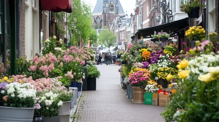 Obraz premium Flower-filled street scene with shops and people.