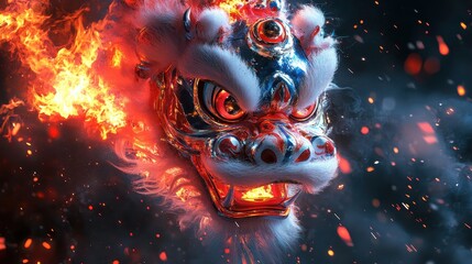 A lion dancer s mask catching sunlight focus on, the eyes of tradition, dynamic, Double exposure, outdoor festival stage backdrop