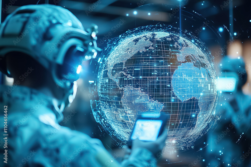 Poster high-tech interaction with a hyper-realistic digital earth grid shows advanced data insights and glo
