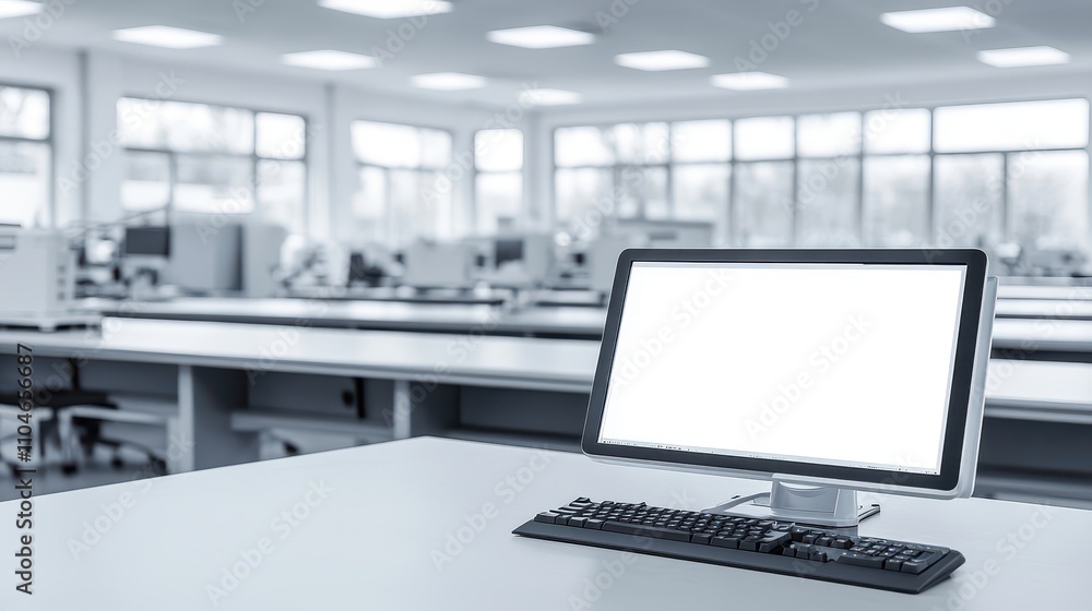 Poster minimalist workspace with a blank computer screen in a modern office environment, designed for produ