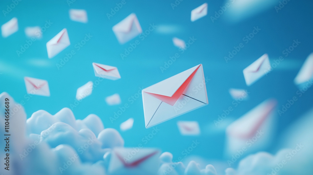 Poster floating envelopes in a blue sky with clouds represent digital communication and messaging