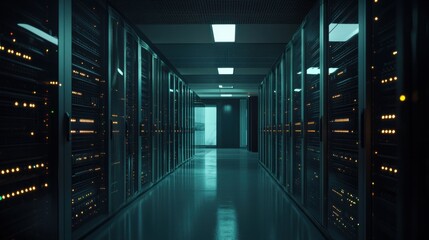 A bustling data center filled with rows of servers and blinking lights, High-tech style, photo of