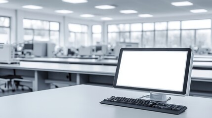Naklejka premium Minimalist Workspace with a Blank Computer Screen in a Modern Office Environment, Designed for Productivity and Focus on Technology