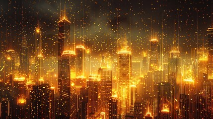 Fototapeta premium Glowing city skyline at night, digital art.