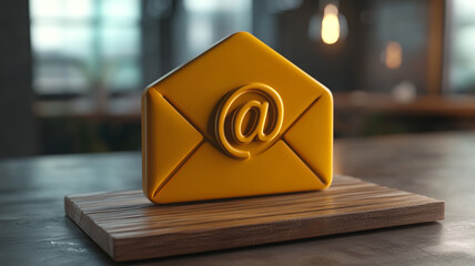 Yellow envelope symbol on wooden base in contemporary workspace setting