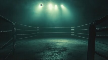 Empty Boxing Ring Surrounded by Darkness and Mysterious Green Light, Perfect for Sports, Competition, and Fighting Themes in Photography