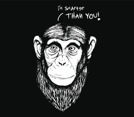 hand drawing portrait of a chimpanzee monkey on isolated black background