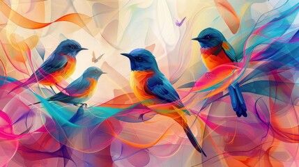 Colorful birds amidst abstract swirling ribbons.
