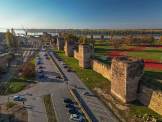  Ancient fortress Smederevo on the banks of the Danube in Serbia - drone aerial shot