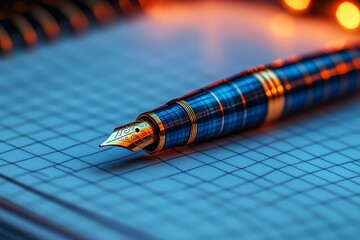 A close-up of a fountain pen resting on a grid notebook.