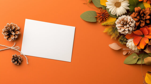 Autumnal Invitation: Blank card mockup with autumnal floral arrangement and pine cones on burnt orange background 