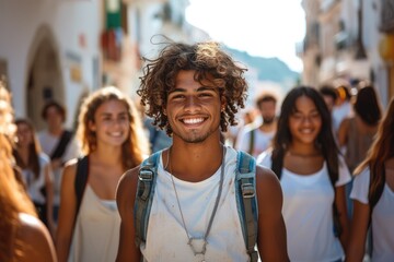 Fototapeta premium A group of smiling college students walking on street with backpacks .