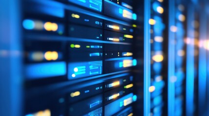 Modern Data Center with Rows of Rack Servers Illuminated by LED Lights and Advanced Technology for High-Speed Data Processing and Storage Solutions