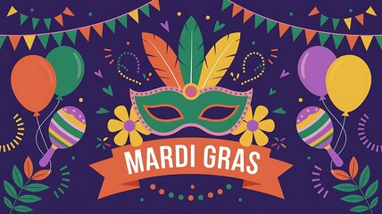 Vibrant Mardi Gras Celebration Featuring Green Masquerade Mask with Colorful Feathers, Balloons, Confetti, and Festive Decorations in Playful Cartoon Style