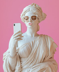 greek goddess hera statue wearing glasses and holding phone posing and making duck lips