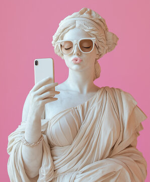 greek goddess hera statue wearing glasses and holding phone posing and making duck lips