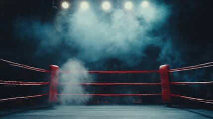 Dramatic Boxing Ring under Spotlight with Dark Smoky Background, Perfect for Sports and Fitness Visuals, Capturing the Intensity and Anticipation of a Fight Night