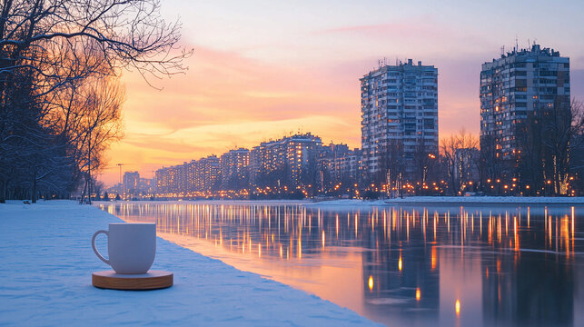 A serene winter sunset by the river with a white cup on snow, reflecting city lights and high-rise buildings