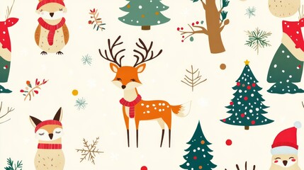 A forest Christmas theme. Deer, fox
in holiday attire are surrounded by forest trees, holly, mistletoe and berries. Bright and bold colors for a cheerful seasonal look.
