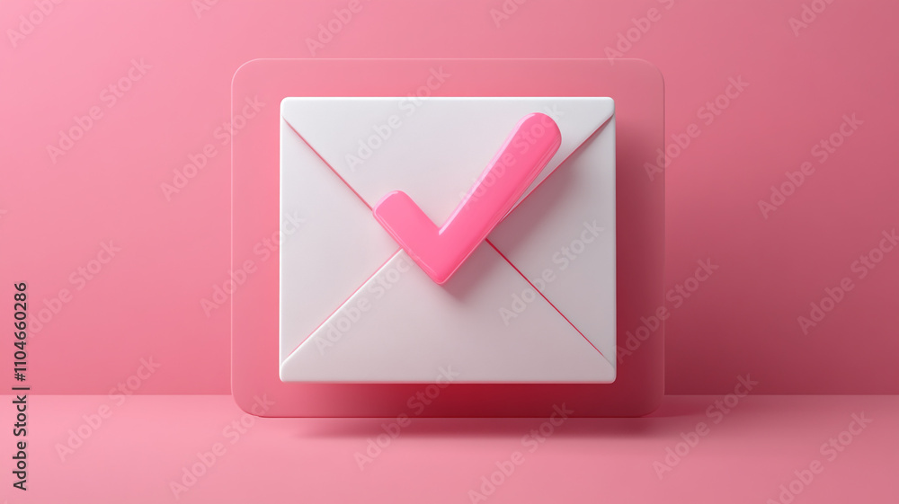 Poster mail envelope icon with a pink checkmark on a pastel pink background for notifications
