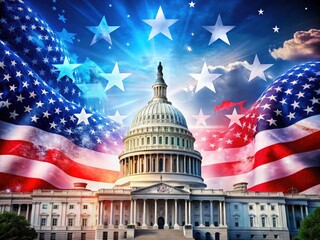 Capitol Building Double Exposure with Red, White, and Blue Stars for Election Campaigns and Social Media Engagement