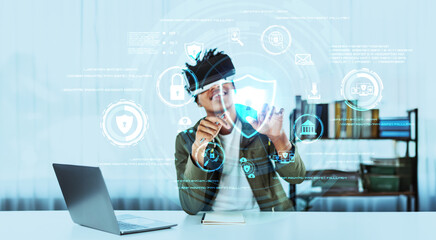 Skilled african man looking at personal data while wearing VR glasses. Person with casual shirt checking and analyzing security protection and accessing firewall protection. Technology. Ingenuity.