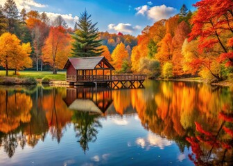 Obraz premium Captivating Architectural Photography of a Serene Lake in Autumn Surrounded by Colorful Foliage and Tranquil Reflections in a Scenic Nature Setting