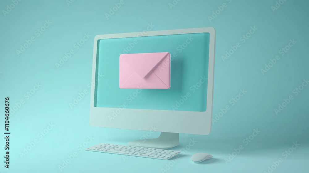 Poster modern computer monitor displaying a pink envelope on a turquoise background
