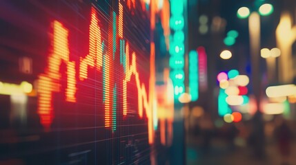 Abstract representation of financial market trends showing upward movements on a digital graph amidst vibrant city lights, conveying economic activity and investment opportunities in a modern setting.