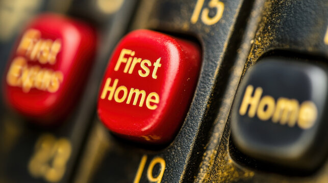 Red button labeled First Home on calculator, symbolizing budgeting