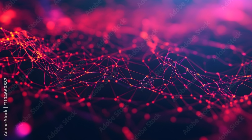 Poster a vibrant, abstract visualization of interconnected nodes and pathways, illuminated in shades of pin