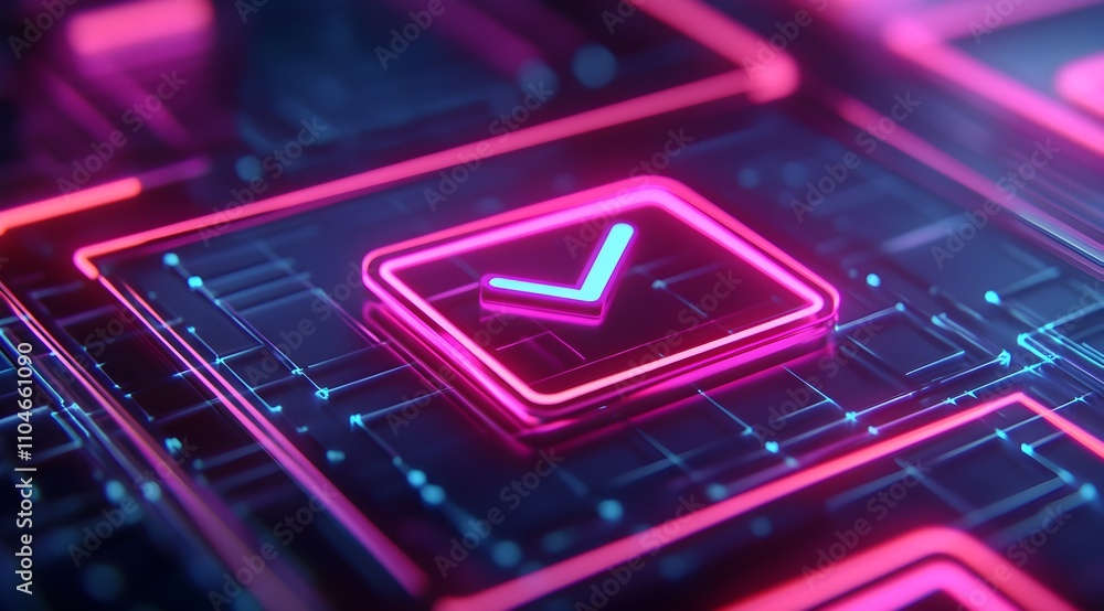 Poster a vibrant, digital interface featuring a glowing checkbox symbol, signifying selection or confirmati
