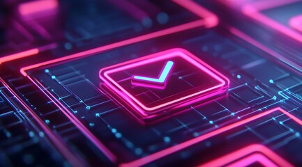 A vibrant, digital interface featuring a glowing checkbox symbol, signifying selection or confirmation in a futuristic design.
