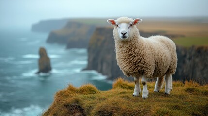 Fototapeta premium Here's a caption and keywords for your stock photo.. Sheep stands on coastal cliff overlooking dramatic ocean view.