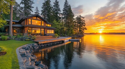 Fototapeta premium Lakeside luxury home at sunset.