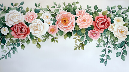 Watercolor painting of a large wedding flower arch adorned with peonies, roses, and hanging ivy