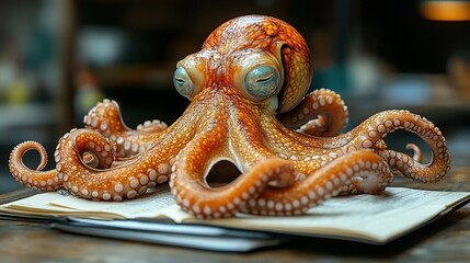 Obraz premium Orange Octopus Resting On An Open Book
