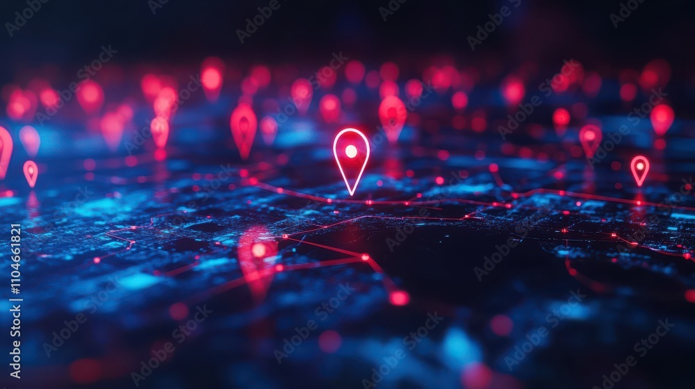 Poster abstract representation of a digital landscape with glowing map markers, illustrating data connectio