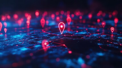 Abstract representation of a digital landscape with glowing map markers, illustrating data connections and technology in a futuristic urban environment at night.