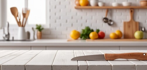 blurred modern kitchen interior with white brick wall, sleek furniture, wooden accents, and a dining table near a large glass window in a stylish home