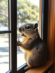 Excited quokka looking out window, showcasing its playful nature and curiosity. This adorable creature captures joy of exploring its surroundings