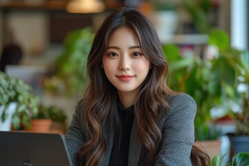 A woman with long brown hair is sitting at a table with a laptop. Generative AI