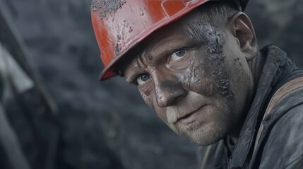 Fototapeta premium Close-up portrait of a construction worker with dirty face and red safety helmet.