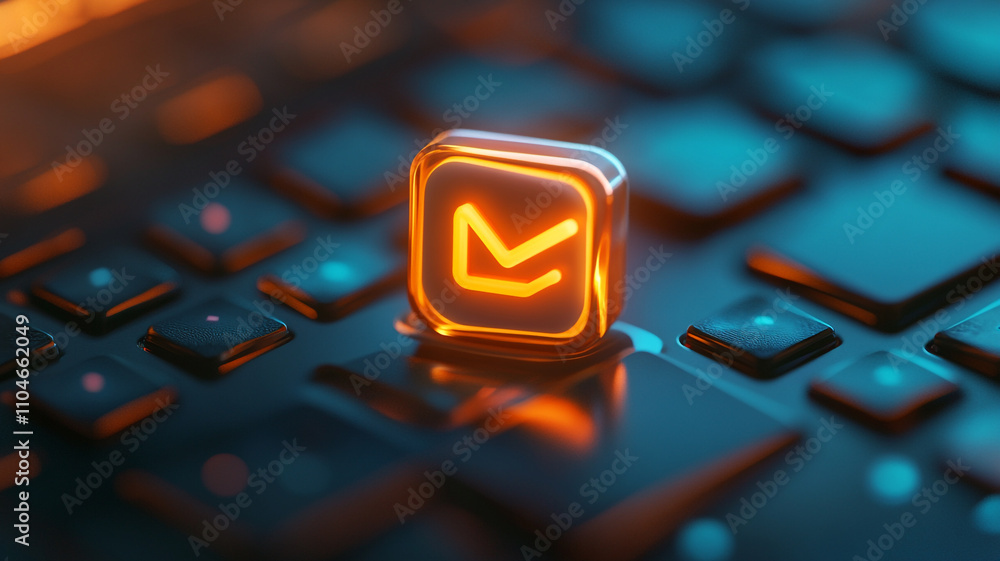 Poster bright glowing icon on a computer keyboard highlights digital communication during evening hours