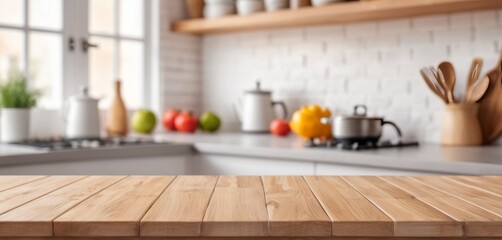 blurred interior kitchen with wooden table, utensils, and furniture in a stylish home